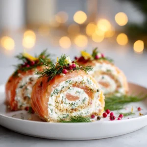L'Ultime Bûche au Saumon & Fromage Frais Facile 5 L'Ultime Bûche au Saumon & Fromage Frais Facile, garnie d’aneth et de zestes de citron, sur une assiette blanche, photo appétissante et lumineuse.