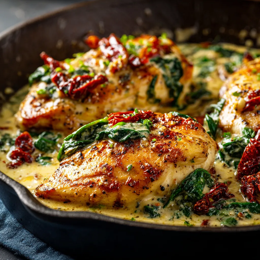 Merveilleux Poulet Crémeux à la Toscane 2 Poulet crémeux à la toscane en gros plan nappé d’une sauce onctueuse aux tomates séchées épinards et parmesan dans une poêle rustique plat méditerranéen appétissant et juteux.