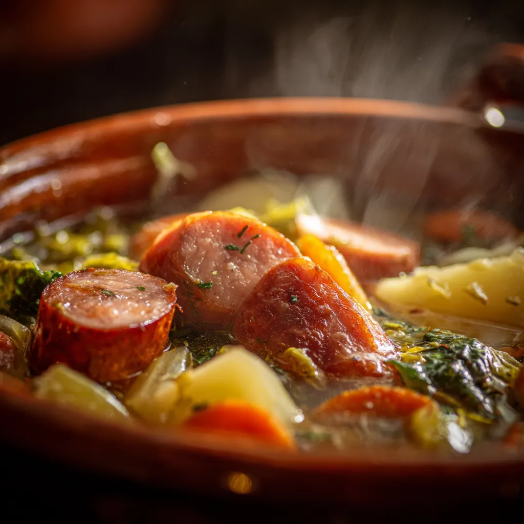 Gros plan sur une potée traditionnelle aux saucisses fumées avec chou, carottes et pommes de terre dans une cocotte.