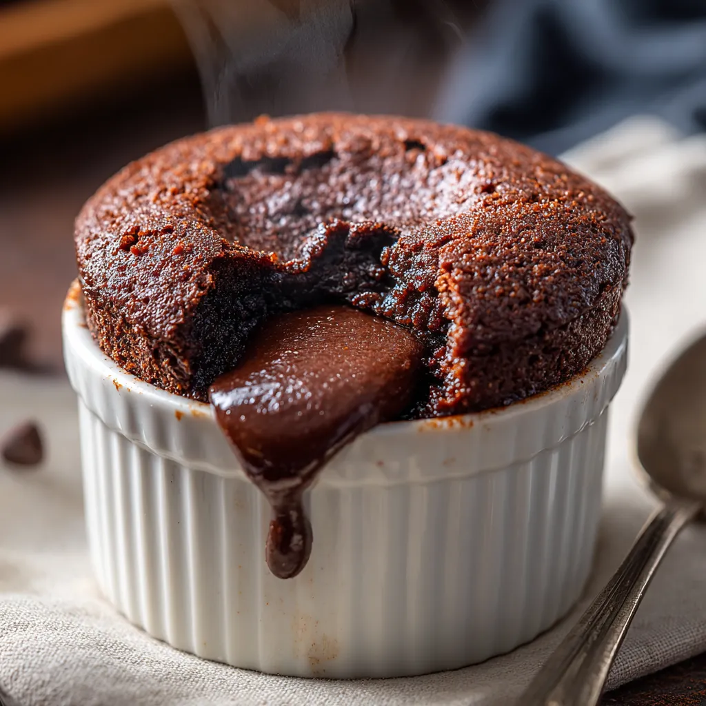 Ramequin fondant au chocolat avec cœur coulant chaud et surface craquante, dessert gourmand.