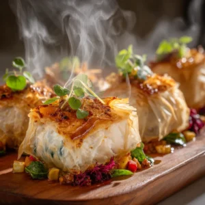 Aumônières de loup de mer croustillantes.