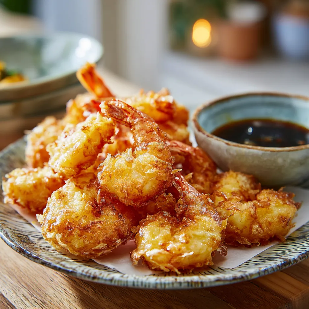 Tempura de Crevettes: Le Secret d'un Croustillant Magique 3 Tempura de crevettes croustillantes servies avec sauce tentsuyu sur assiette japonaise.