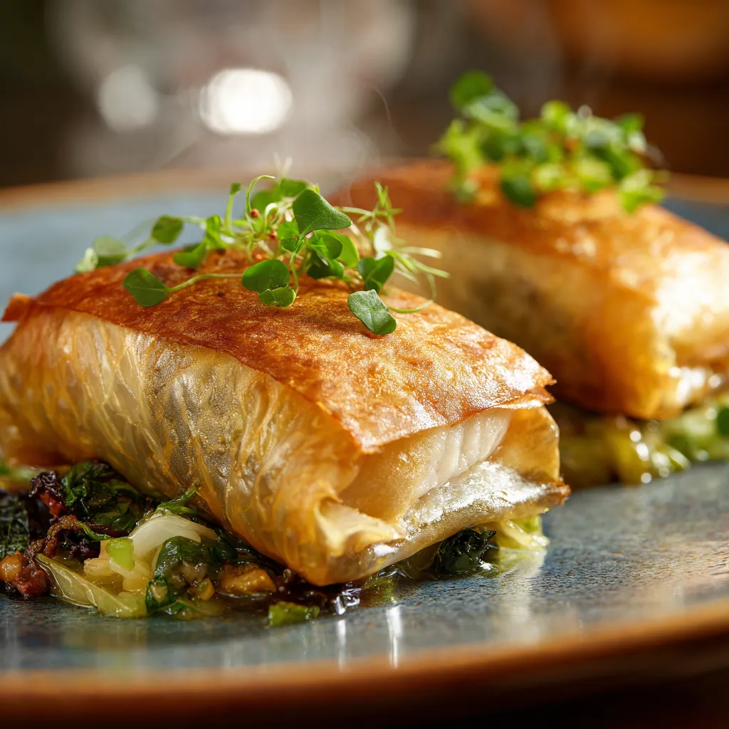 Aumônières de loup de mer croustillantes garnies de poisson frais et légumes crémeux.