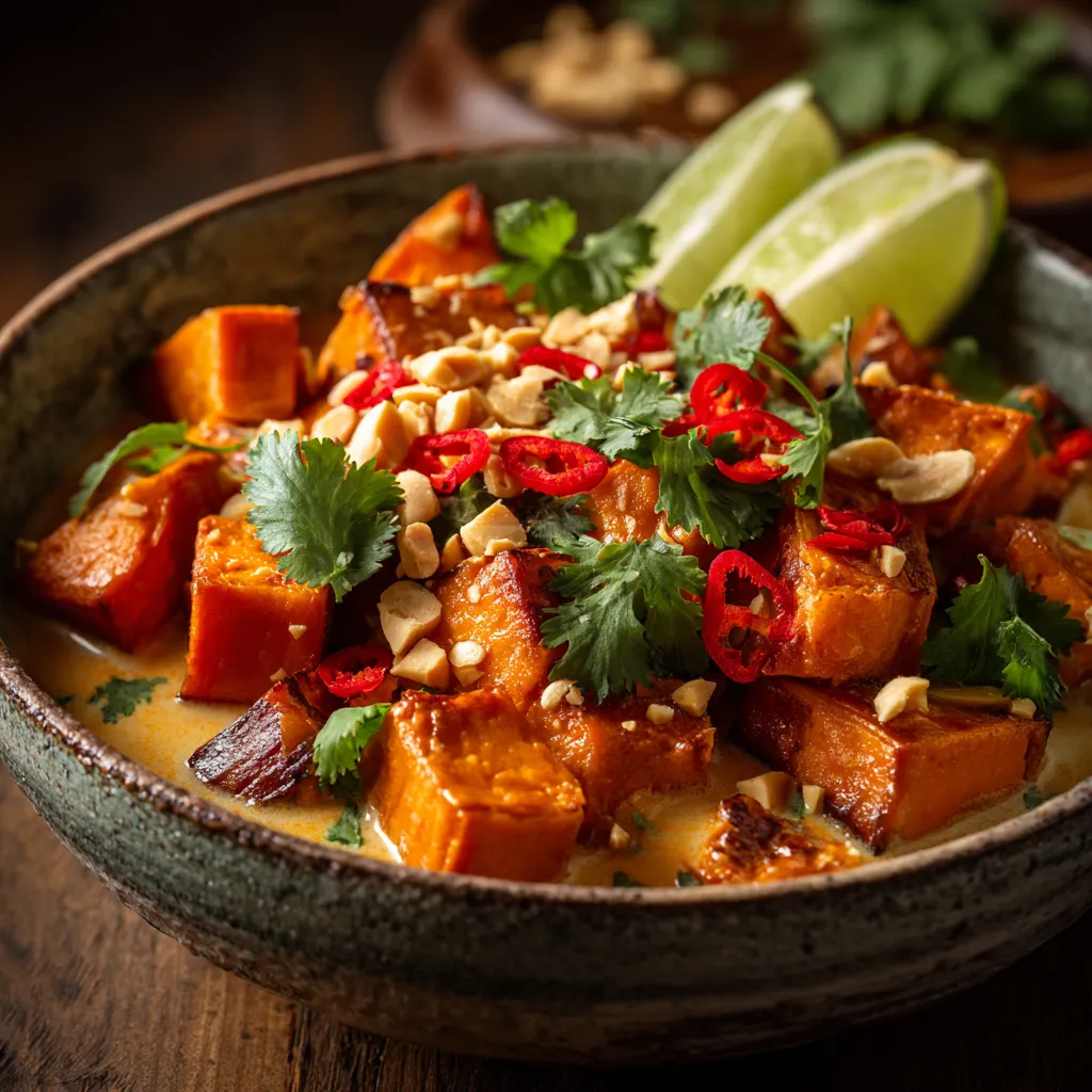 Bol de patates douces thaï aux cacahuètes avec sauce au lait de coco, coriandre fraîche, cacahuètes concassées.