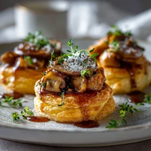 Bouchées à la reine maison servies chaudes, vol-au-vent dorés garnis.