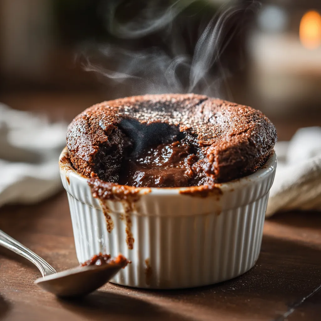 Ramequin fondant au chocolat avec cœur coulant chaud et surface craquante.