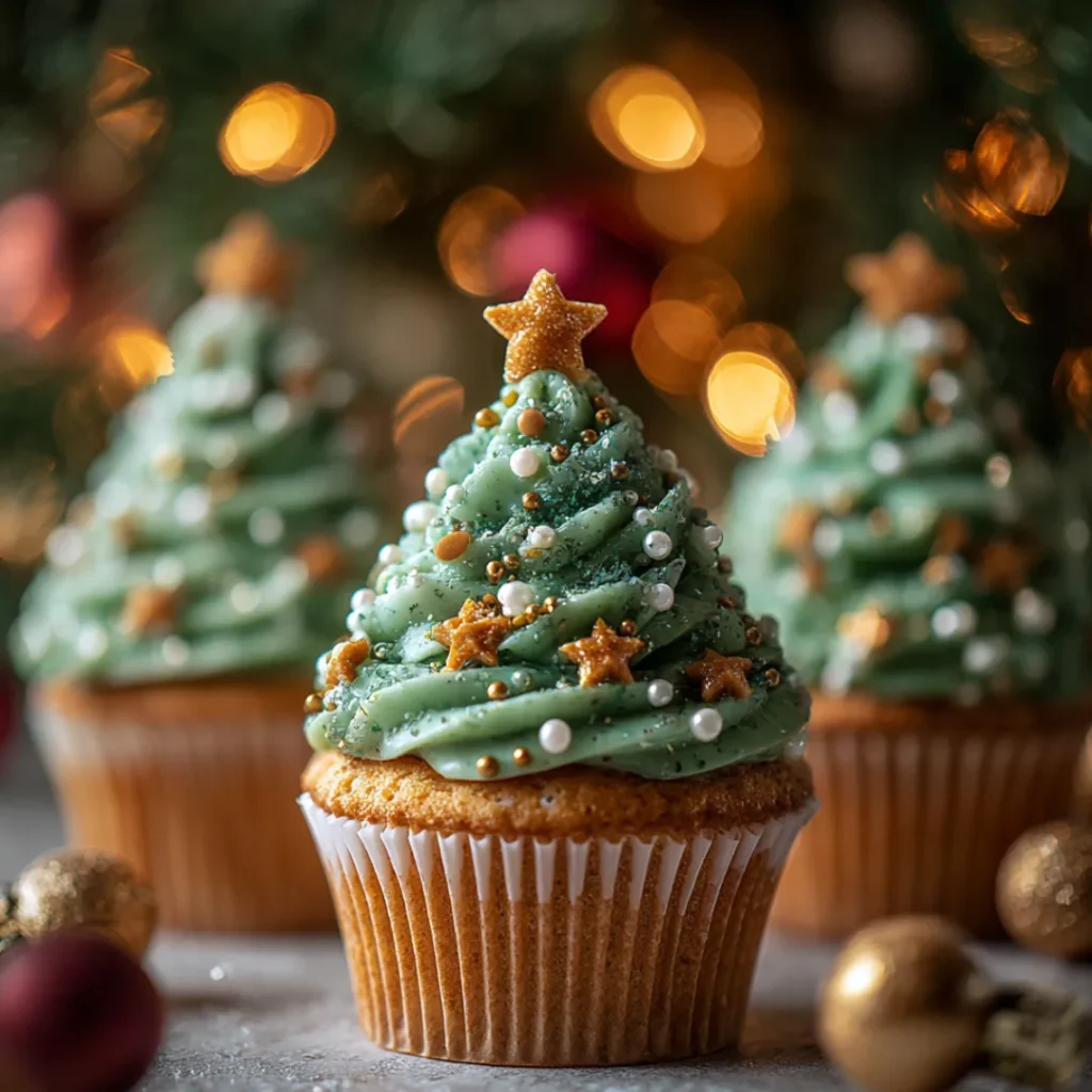Cupcake Sapin de Noël : La Recette Magique et Facile 3 Cupcakes sapin de Noël décorés de glaçage vert crémeux, perles dorées et étoiles en sucre, sur fond lumineux et festif