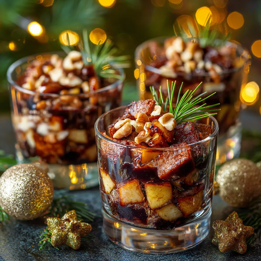 Verrines de Noël avec compotée de pommes et magret de canard fumé, décor festif.