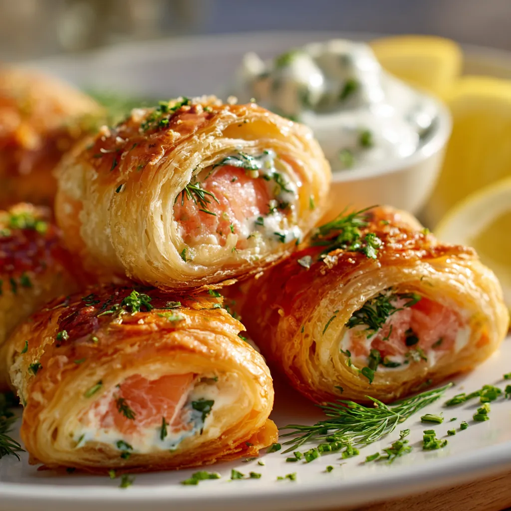 Le Secret de Roulés Feuilletés au Saumon Fumé Parfaits 4 Roulés feuilletés dorés au saumon fumé et fromage frais, garnis d’aneth et de ciboulette, servis sur une planche en bois.