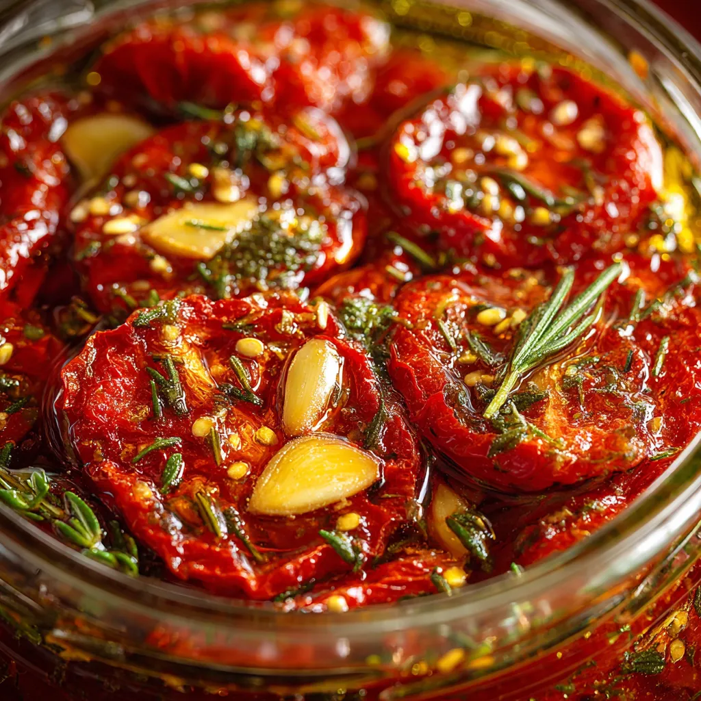 Les Merveilleuses Tomates Confites à l'Huile d'Olive 2 Tomates confites juteuses dans l’huile d’olive avec herbes aromatiques et ail, présentées dans un bocal en verre rustique sur une table.