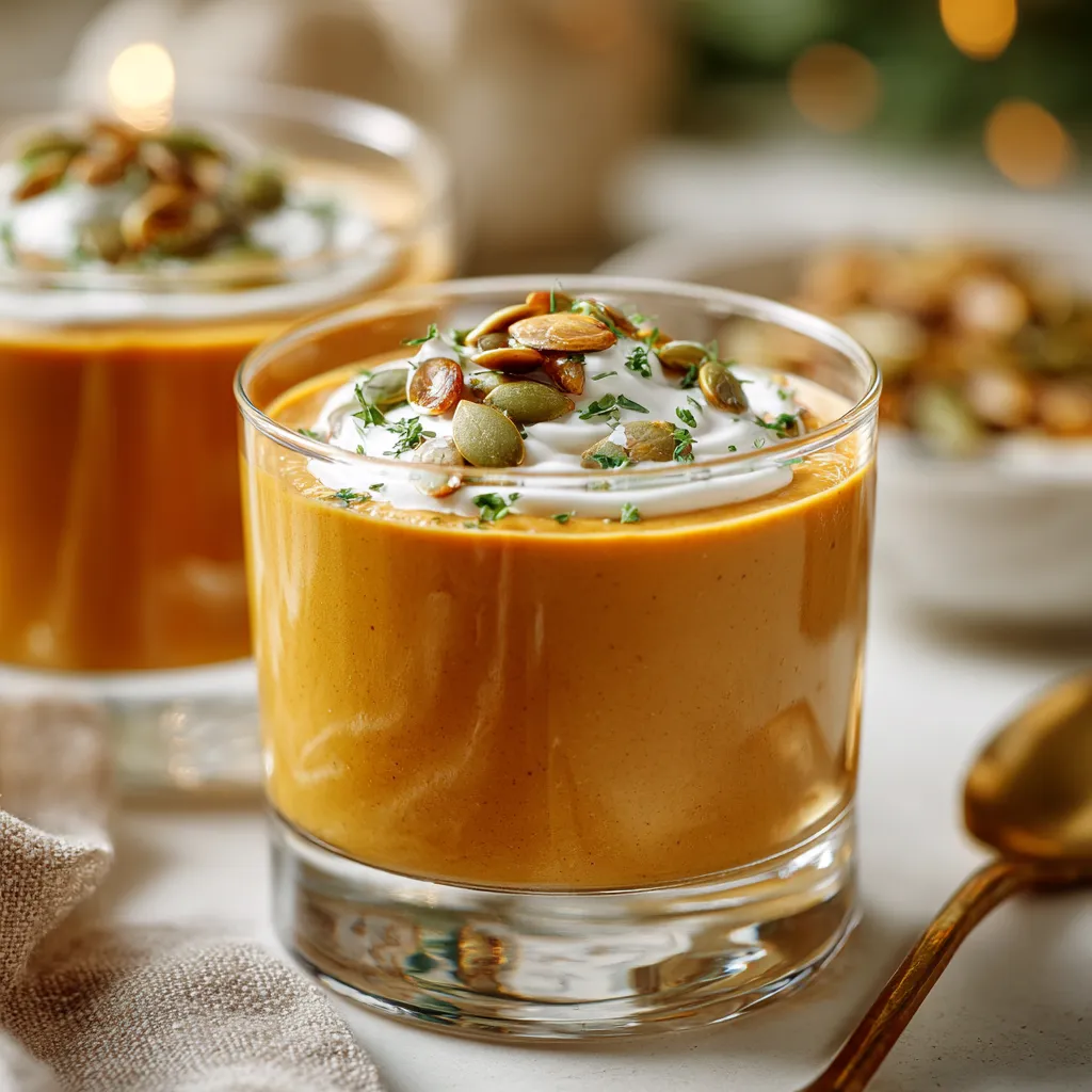 Verrines de velouté de butternut crémeux, garnies de graines de courge et d’une touche de crème, présentées.