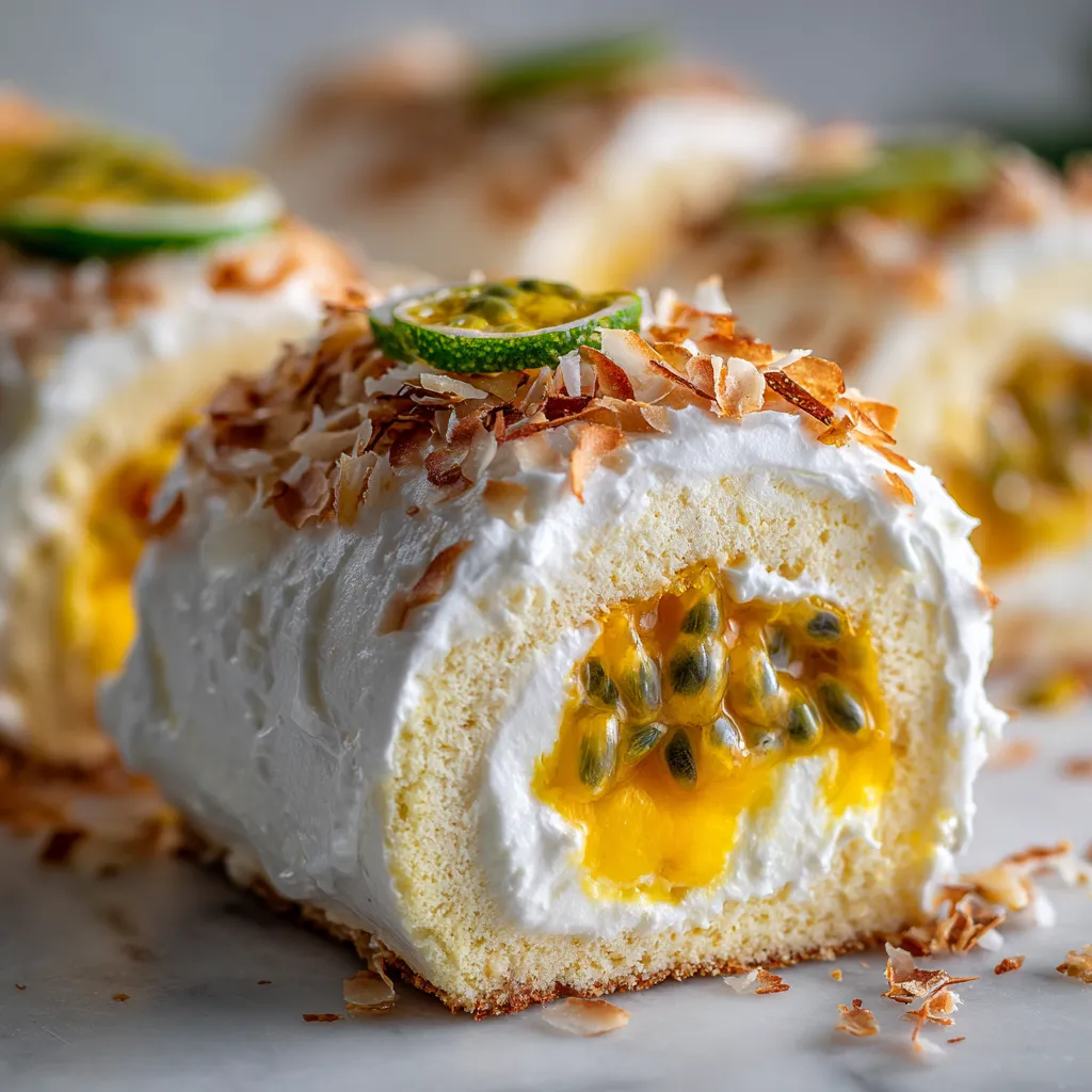 L'Ultime Bûche Coco Passion et Citron Vert Facile 3 Bûche exotique à la noix de coco, au fruit de la passion et au citron vert, décorée de zestes et de copeaux de coco, dessert tropical frais.