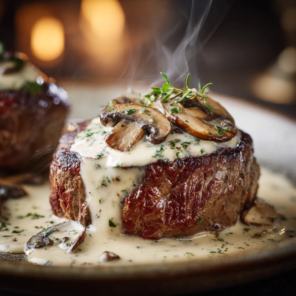 Filet de Bœuf à la Crème: Recette Facile, Gourmande et Rapide en 30 Minutes 3 Gros plan d’un filet de bœuf à la crème juteux et tendre, nappé d’une sauce onctueuse aux champignons et herbes fraîches.