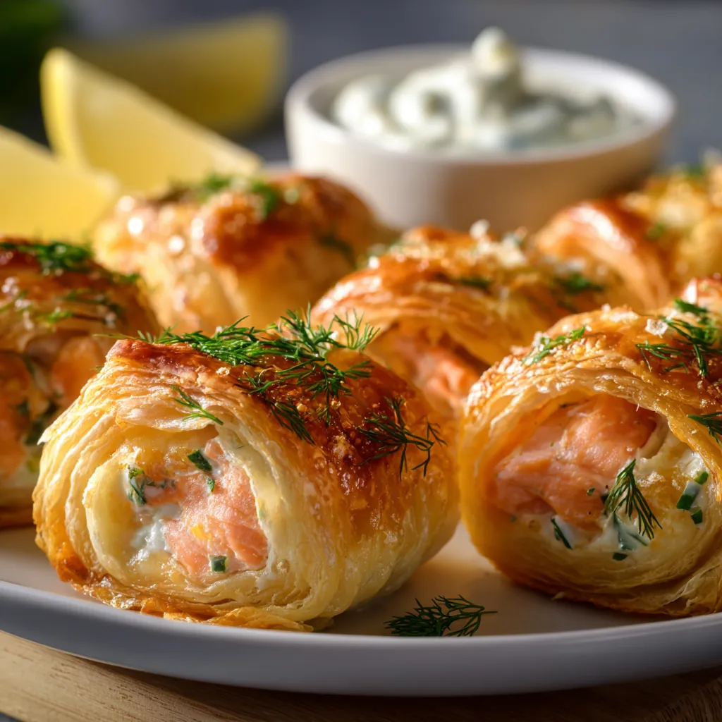 Le Secret de Roulés Feuilletés au Saumon Fumé Parfaits 2 Roulés feuilletés dorés au saumon fumé et fromage frais, garnis d’aneth et de ciboulette, servis sur une planche en bois – gros plan gourmand et croustillant.