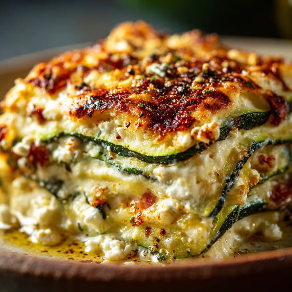 Lasagnes courgettes feta en gros plan, gratin doré, fromage fondant.