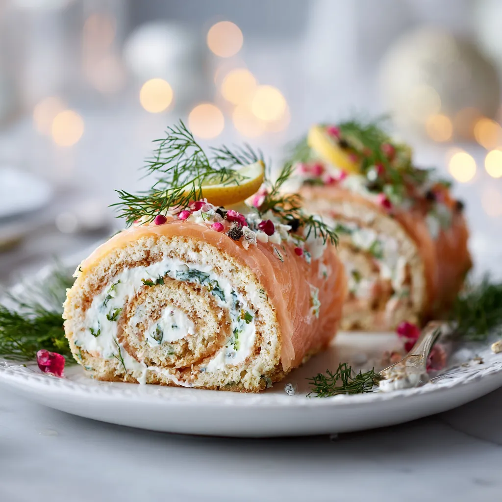 L'Ultime Bûche au Saumon & Fromage Frais Facile 2 Gros plan gourmand d’une bûche au saumon fumé et fromage frais, garnie d’aneth et de zestes de citron.