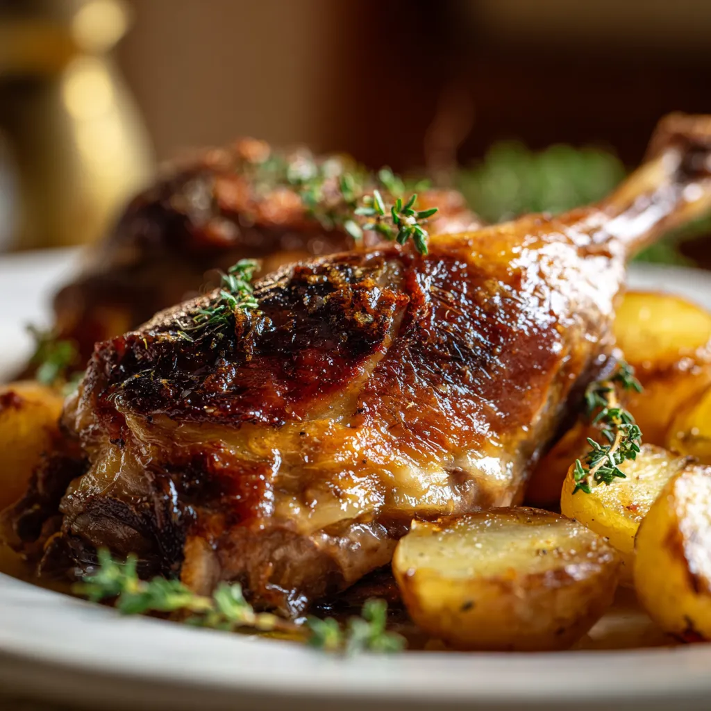 Confit de Canard Inratable : Votre Recette Facile et Fantastique 2 Confit de canard maison doré et croustillant servi avec des pommes de terre rissolées et du thym frais sur une table rustique.