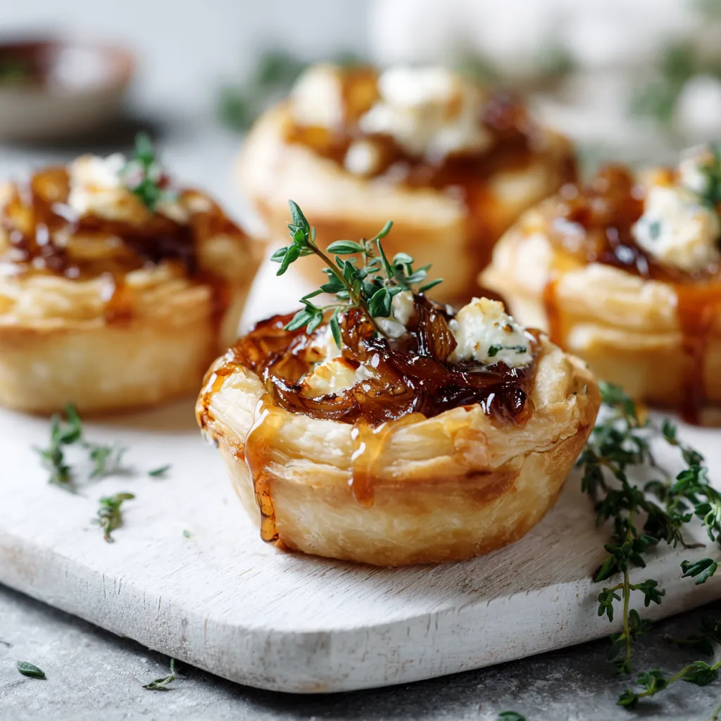 Irrésistibles Mini Tartelettes Chèvre Miel & Oignon Caramélisé 4 Mini tartelettes au chèvre miel avec oignons caramélisés sur planche rustique.