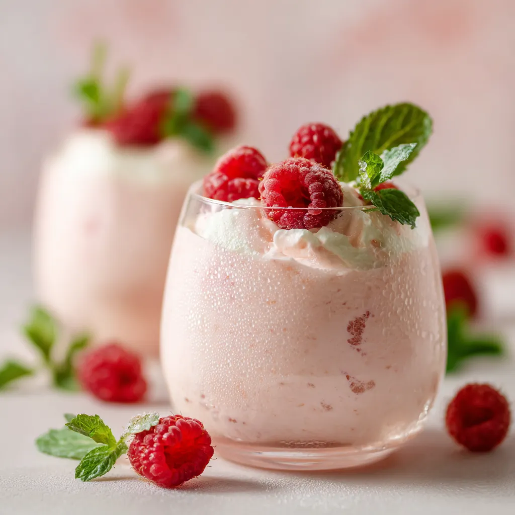 Mousse litchi onctueuse servie en verrine avec litchis frais, framboises et feuilles de menthe.