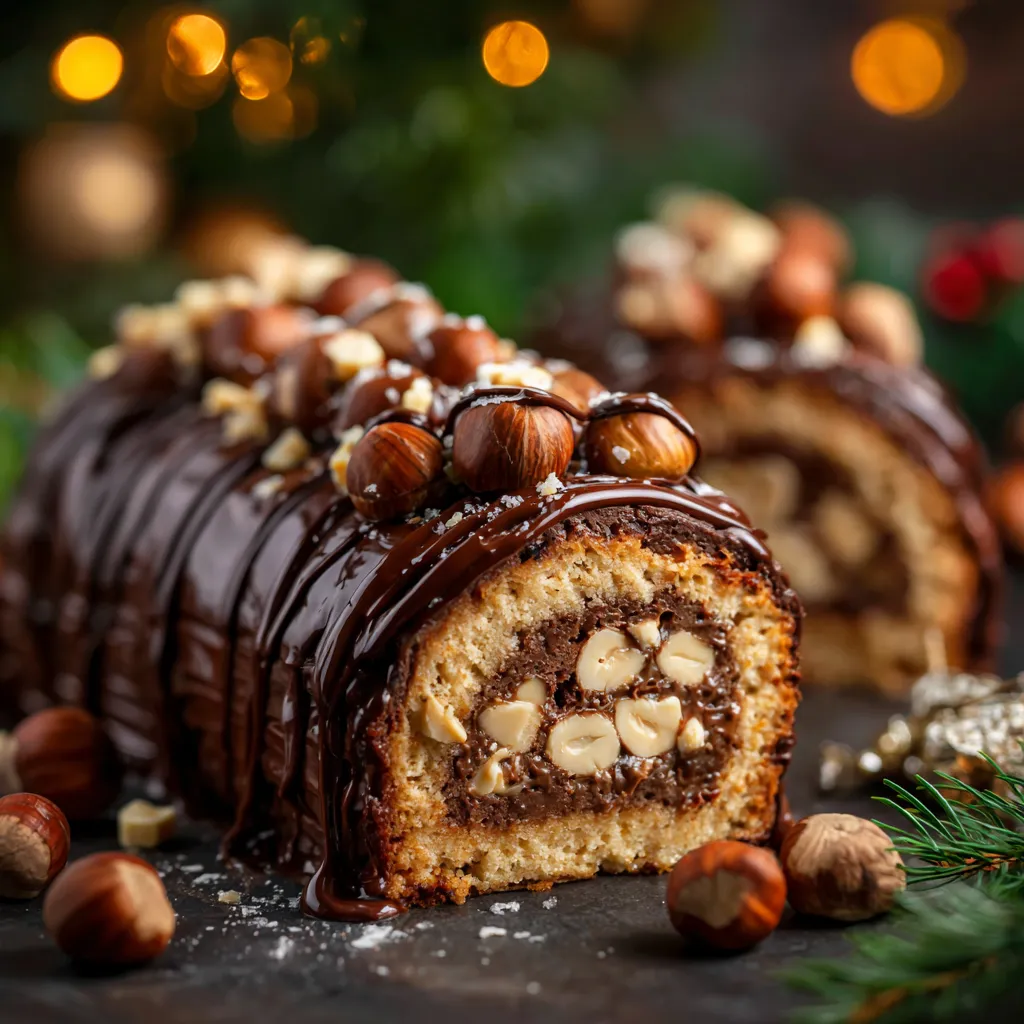 Bûche de Noël au chocolat praliné noisette décorée de noisettes torréfiées et glaçage brillant.