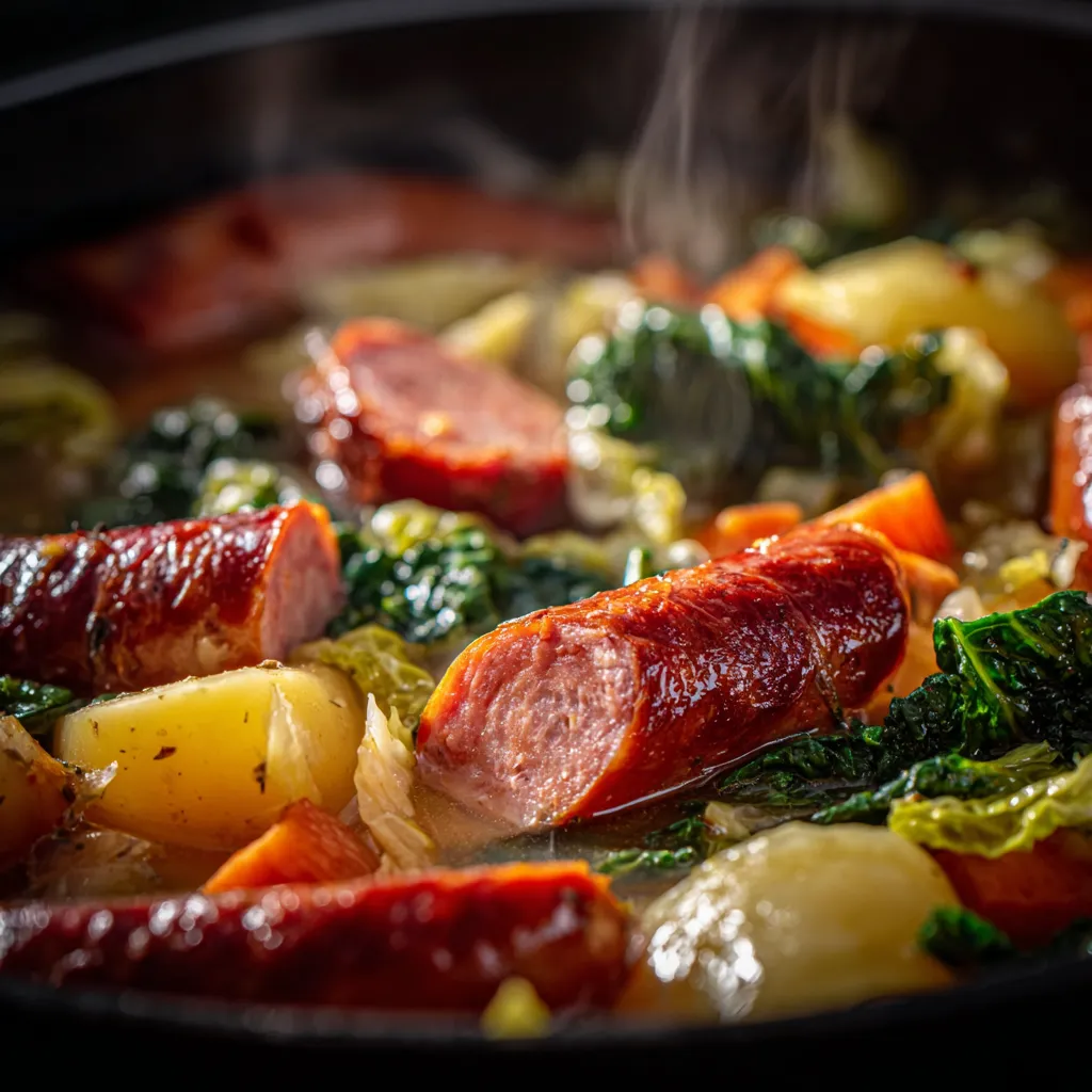 Gros plan sur une potée traditionnelle aux saucisses fumées avec chou, carottes et pommes de terre dans une cocotte, plat chaud.
