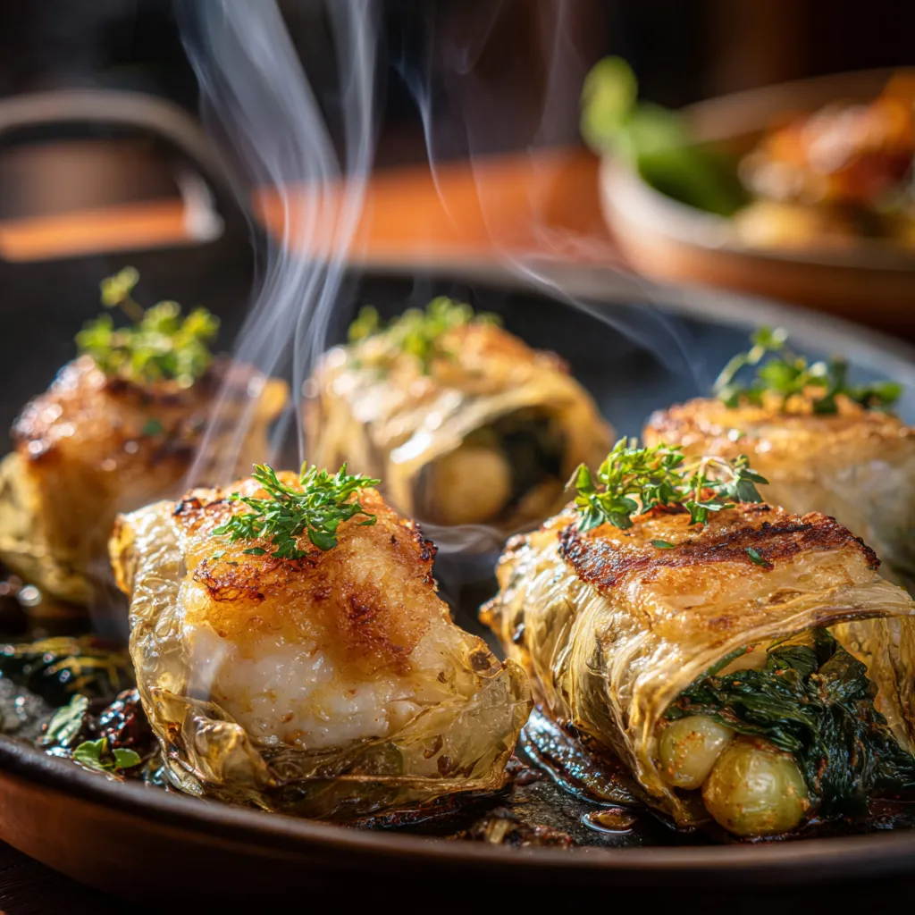 Aumônières de loup de mer croustillantes garnies de poisson frais et légumes crémeux, servies avec herbes aromatiques