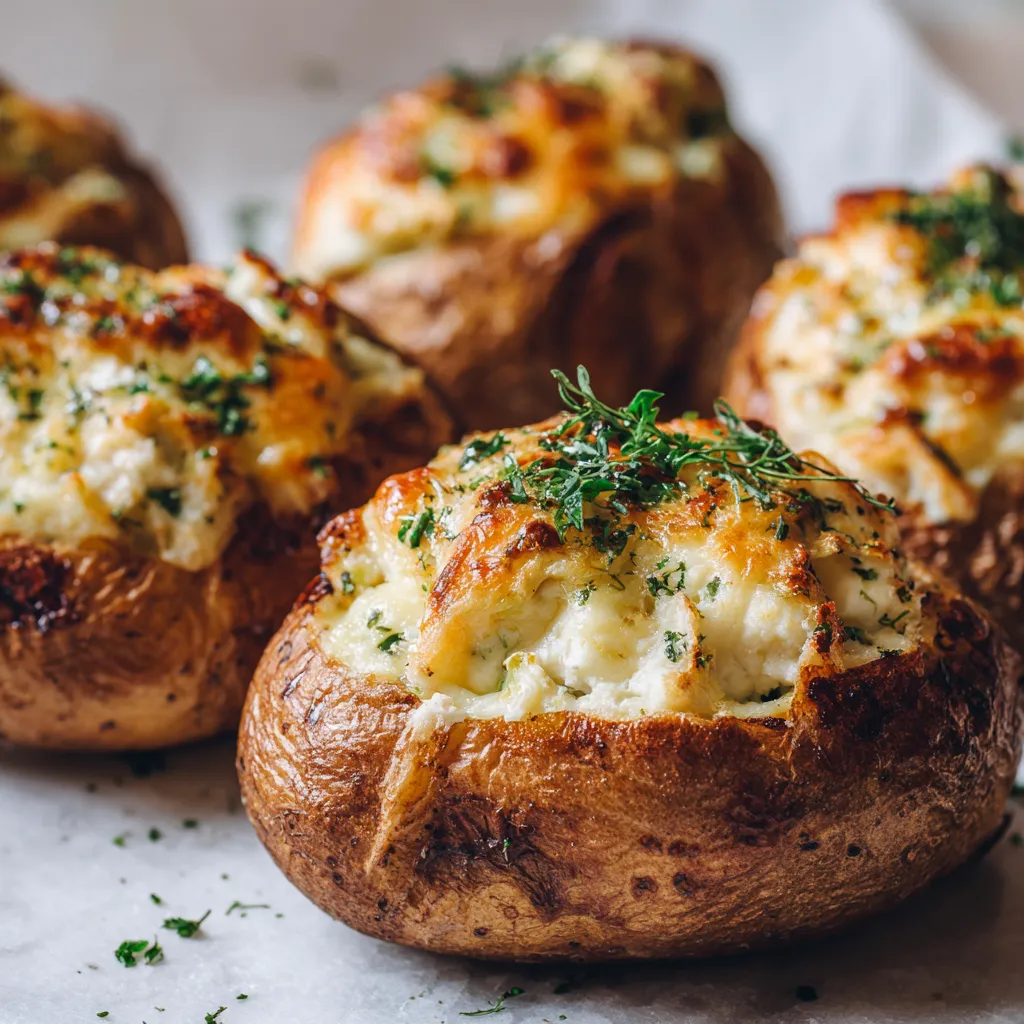 Pommes de terre au four farcies dorées, garnies de fromage fondu, crème et herbes fraîches, servies sur une planche rustique.