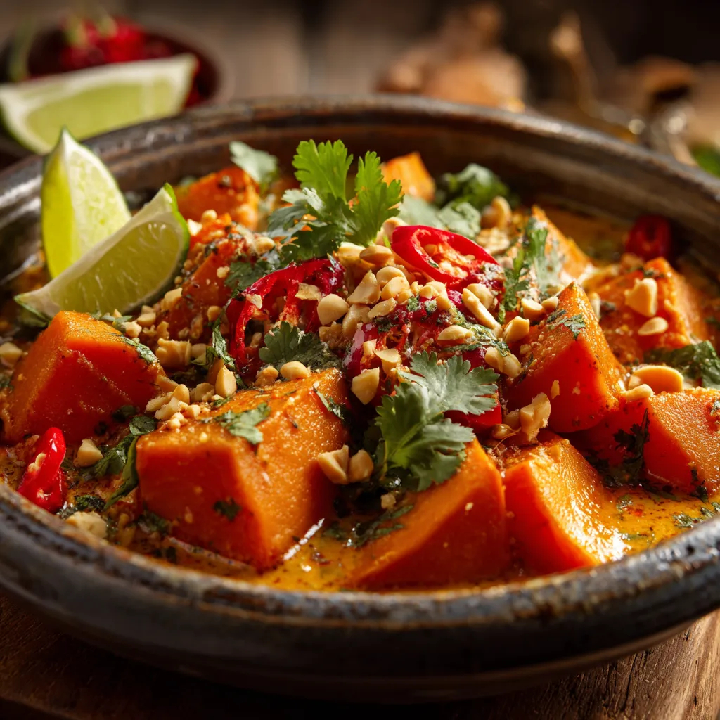 Bol de patates douces thaï aux cacahuètes avec sauce au lait de coco, coriandre fraîche, cacahuètes concassées et quartier de citron vert.