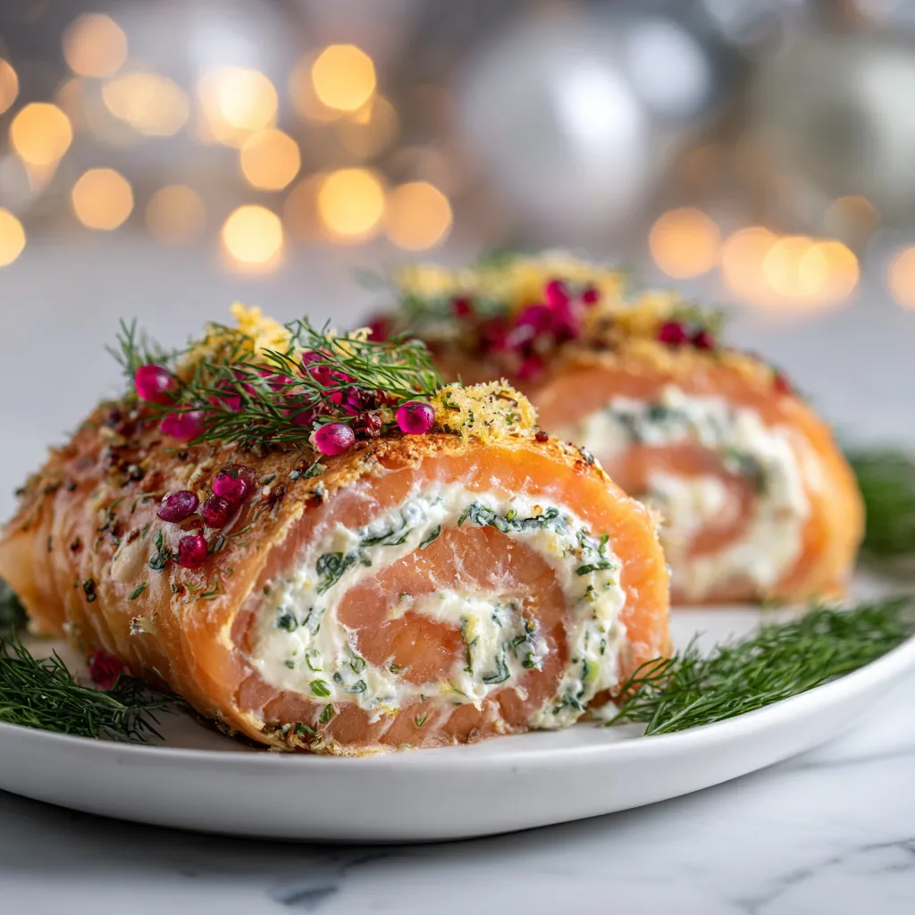 L'Ultime Bûche au Saumon & Fromage Frais Facile 3 Gros plan gourmand d’une bûche au saumon fumé et fromage frais, garnie d’aneth et de zestes de citron, sur une assiette blanche.