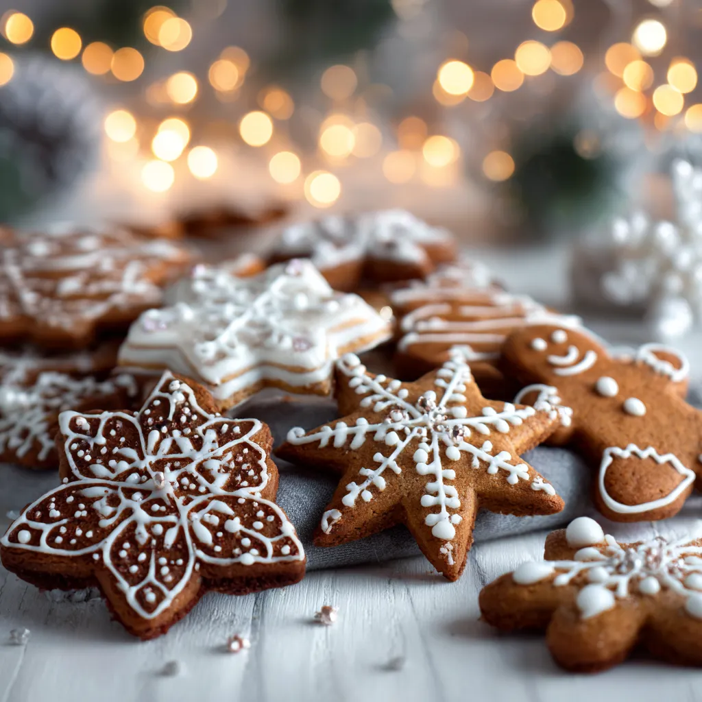 Biscuits de Noël dorés décorés de glaçage blanc et coloré sur une table en bois.