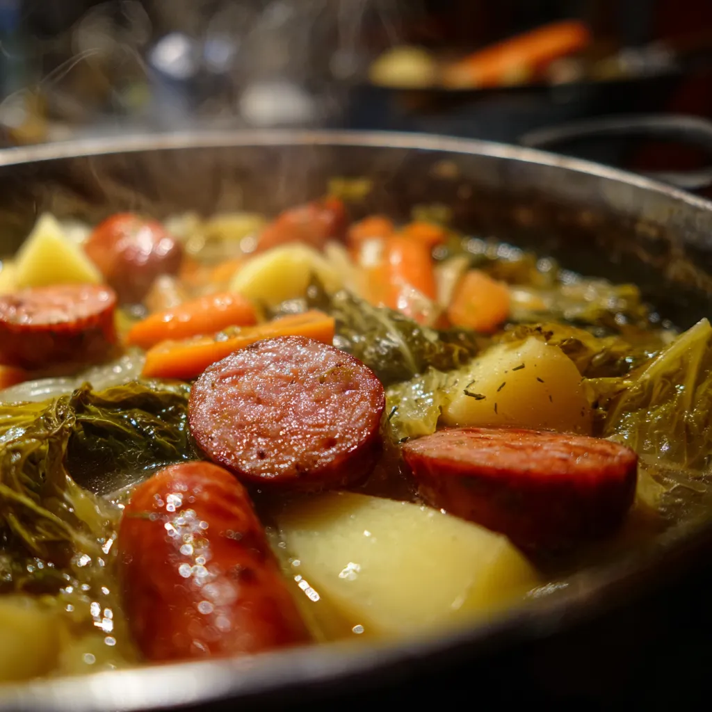 Gros plan sur une potée traditionnelle aux saucisses fumées avec chou, carottes et pommes de terre dans une cocotte, plat chaud et réconfortant
