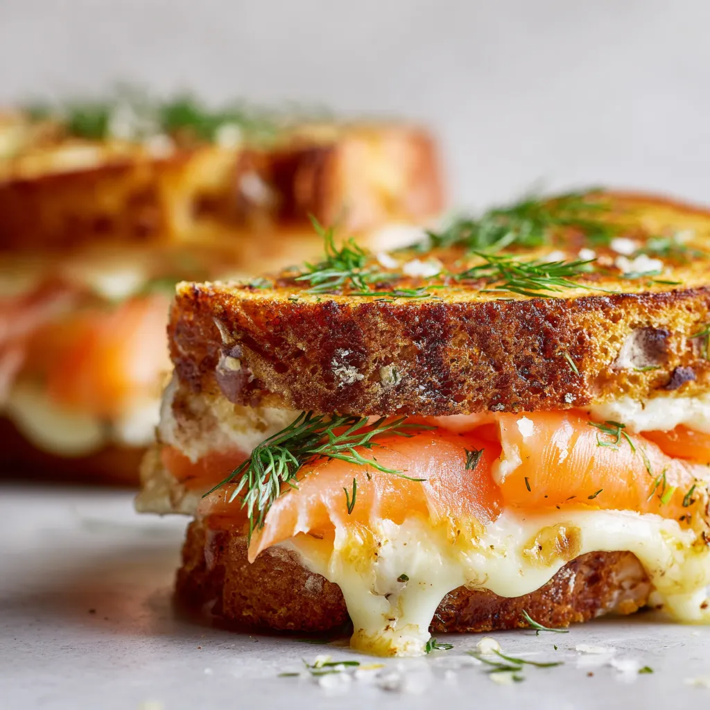 Le Croque-Norvégien au Saumon Fumé : Une Recette Simple 3 Croque-Norvégien au saumon fumé avec pain doré, fromage fondant, aneth frais et touche de citron.