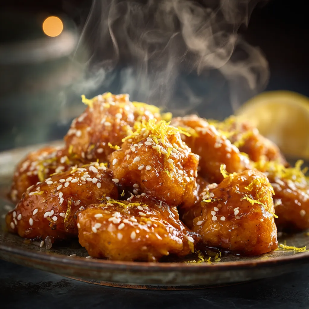 Poulet croustillant au miel et au citron doré et juteux, nappé d’une sauce brillante et parsemé de zestes de citron.