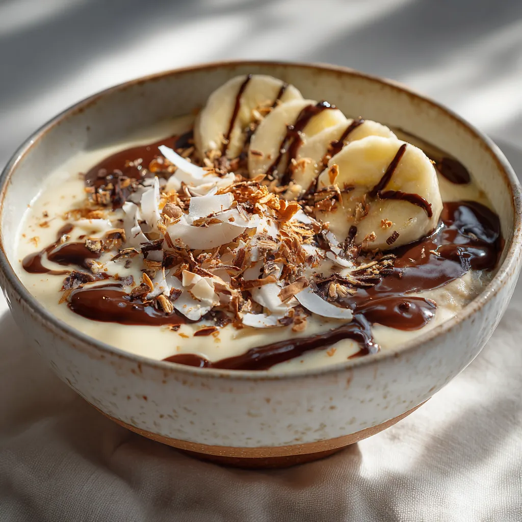 Porridge façon Bounty crémeux au chocolat noir et à la noix de coco, garni de copeaux grillés et de banane sur fond en bois.