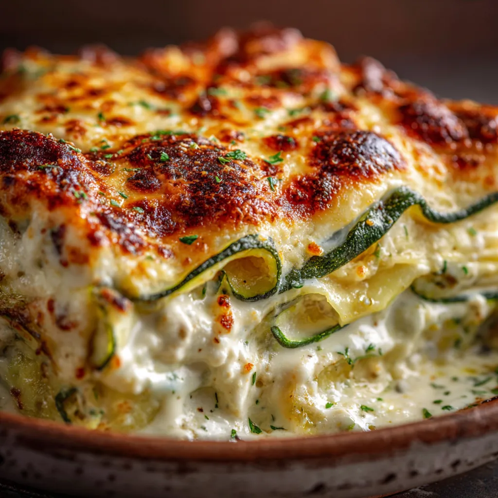 Lasagnes courgettes feta en gros plan, gratin doré, fromage fondant et courgettes juteuses.