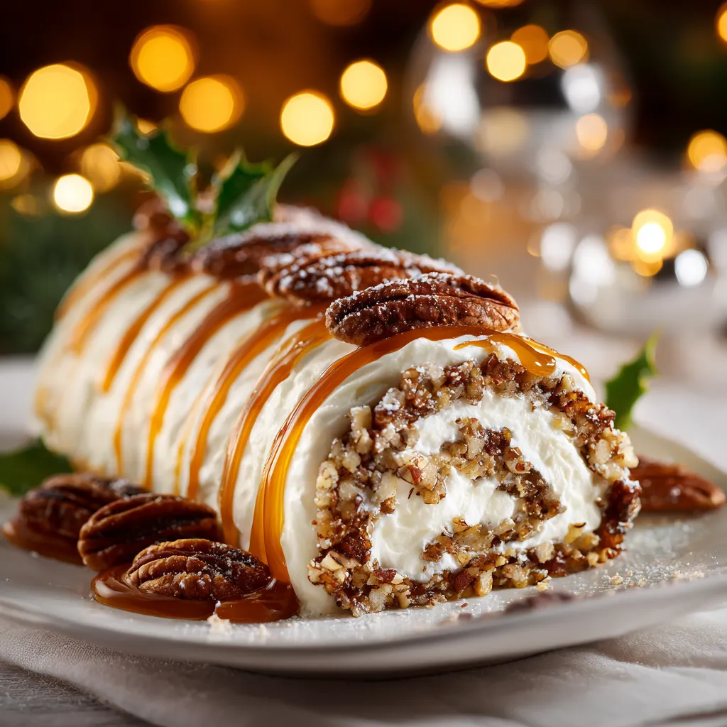 Bûche de Noël Vanille Caramel Pécan zoomée.