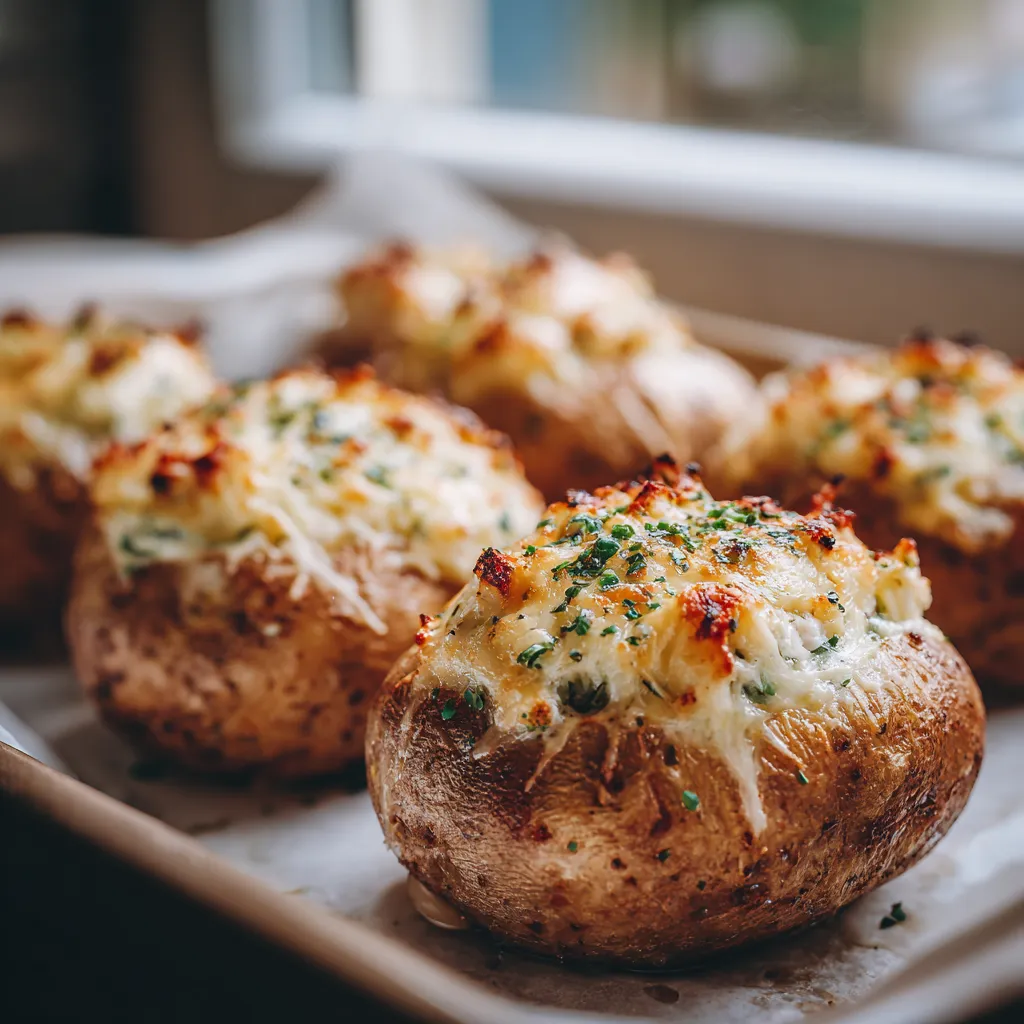 Pommes de terre au four farcies dorées, garnies de fromage fondu, crème et herbes fraîches, servies sur une planche rustique, recette gourmande et réconfortante.