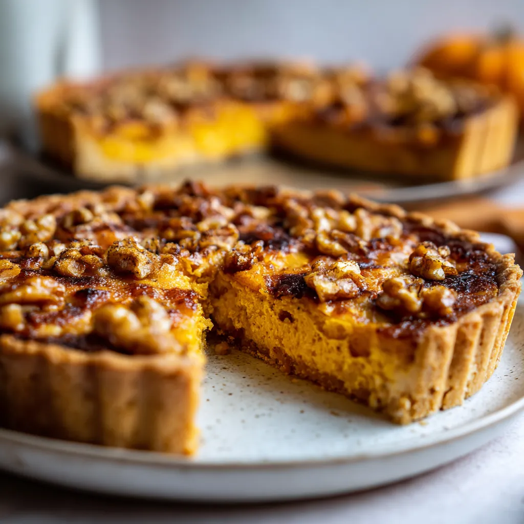 Gros plan appétissant d’une tarte dorée au potimarron et aux noix sur une table en bois, avec lumière naturelle et ambiance automnale.