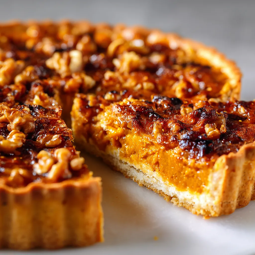 Gros plan appétissant d’une tarte dorée au potimarron et aux noix sur une table en bois, avec lumière naturelle et ambiance automnale chaleureuse.