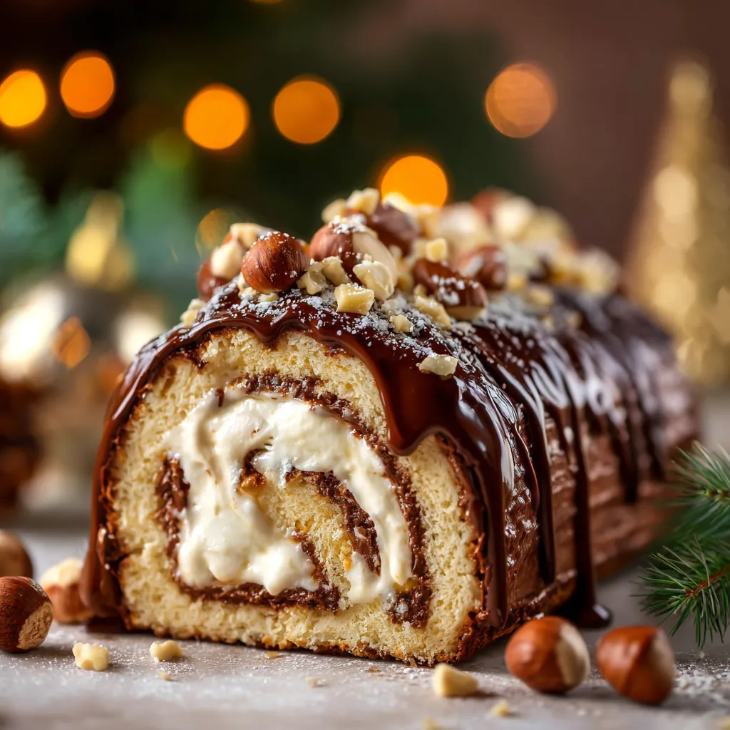 Bûche de Noël au chocolat praliné noisette décorée de noisettes torréfiées.