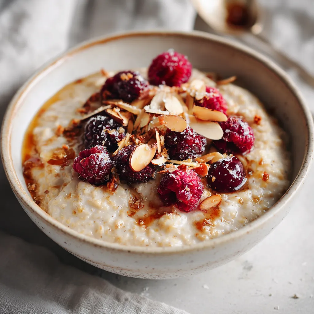 Bol de porridge protéiné à la frangipane crémeux, garni d’amandes grillées et de fruits rouges frais, sur une table en bois, lumière naturelle du matin.