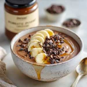 Porridge au Chocolat Sans Gluten crémeux, garni de tranches de banane, éclats de cacao et filet de sirop d’érable sur une table en bois rustique.