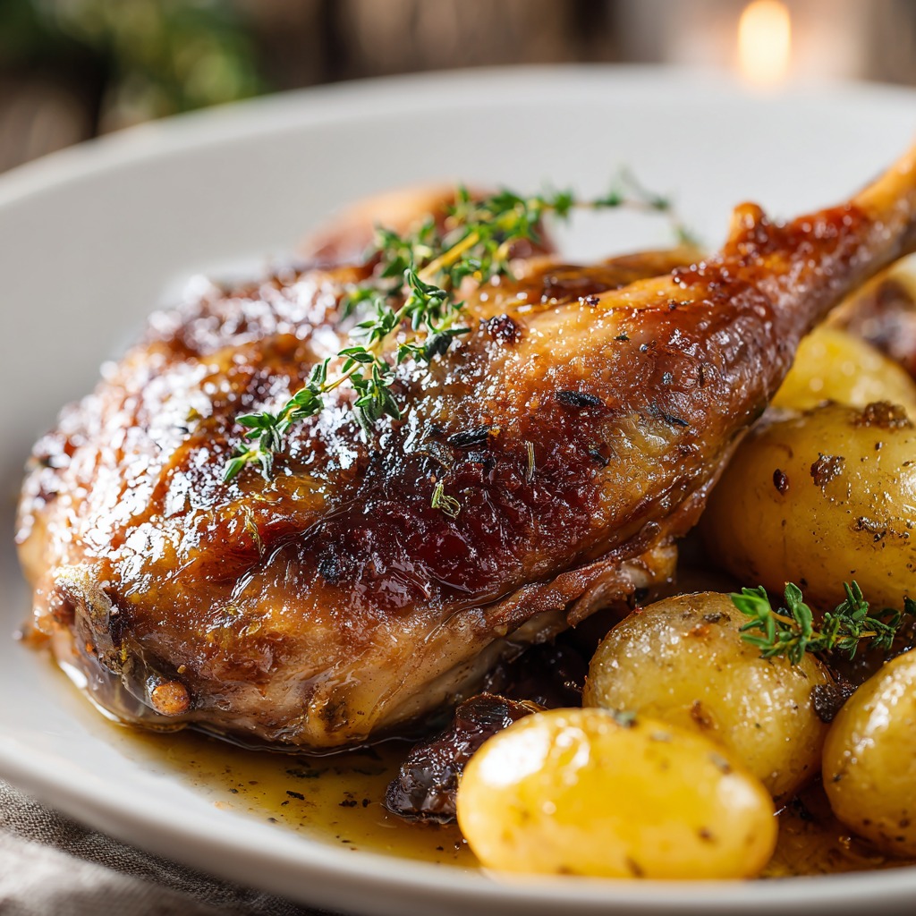 Confit de Canard Inratable : Votre Recette Facile et Fantastique 3 Confit de canard maison doré et croustillant servi avec des pommes de terre rissolées et du thym frais.