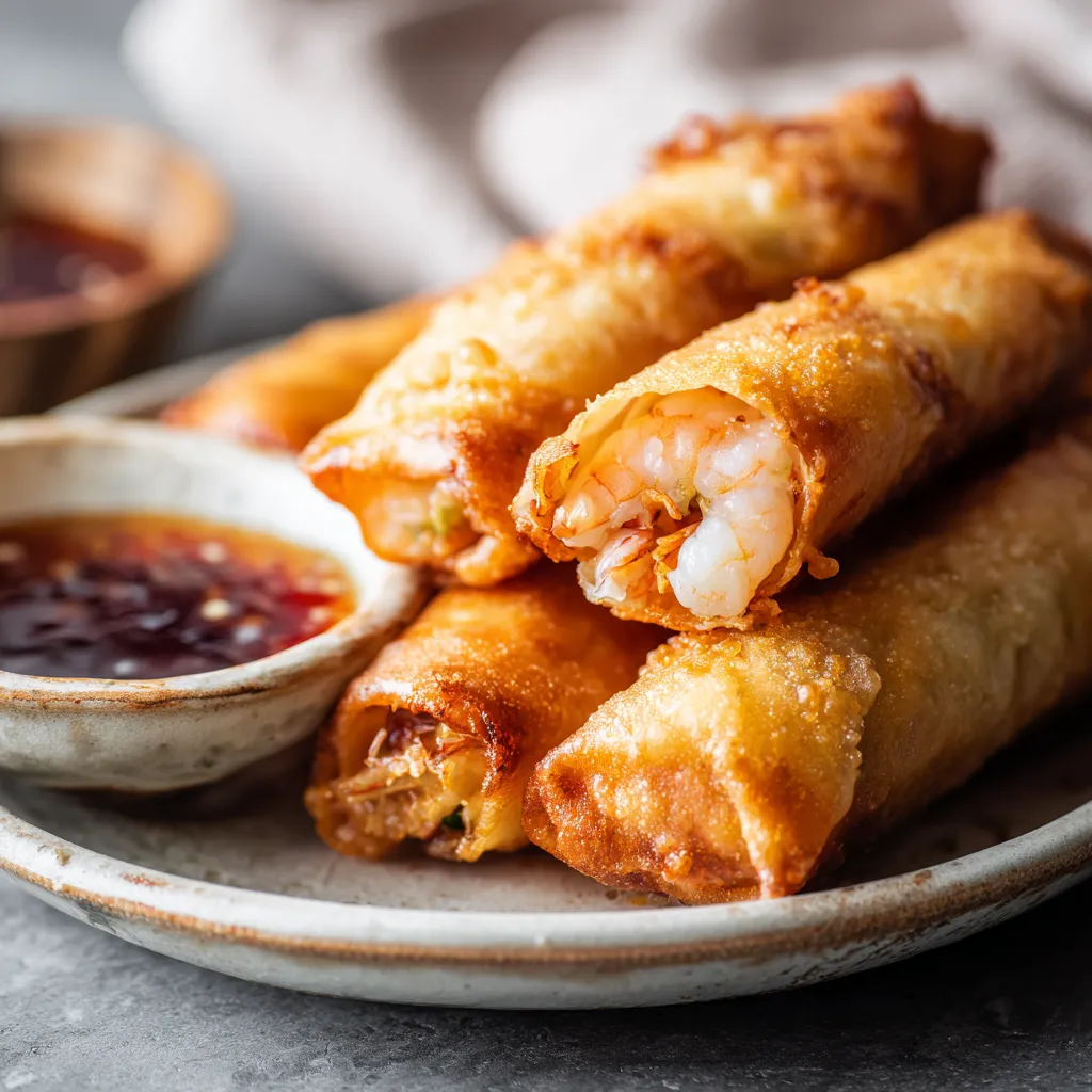 La Recette Simple des Rouleaux de Crevettes Croustillants 3 Gros plan de rouleaux de crevettes croustillants dorés à souhait, servis avec une sauce aigre-douce maison dans une assiette claire, photo appétissante d’une recette asiatique facile faite maison.