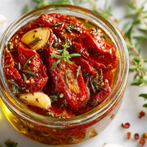 Les Merveilleuses Tomates Confites à l'Huile d'Olive 5 Tomates Confites à l’Huile d’Olive avec herbes aromatiques et ail, présentées dans un bocal en verre rustique sur une table en bois.