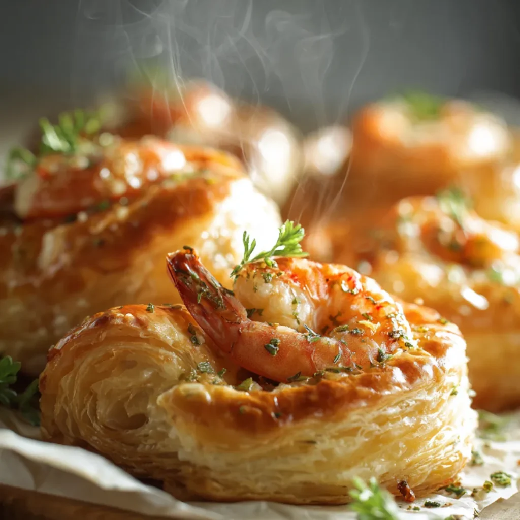 Gros plan de feuilletés aux crevettes dorés et croustillants, garnis de crevettes juteuses et d’herbes fraîches.