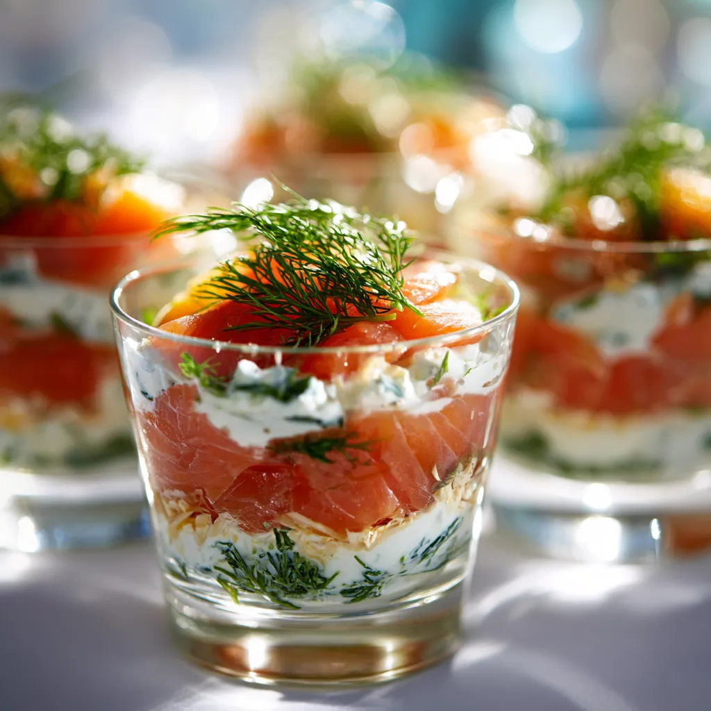 Verrine de Saumon Fumé et St Môret : Effet Waouh Garanti 3 Verrine de saumon fumé et St Môret crémeuse, décorée d’aneth frais et de zeste de citron, servie dans un verre transparent sur une table en bois, photo gourmande.