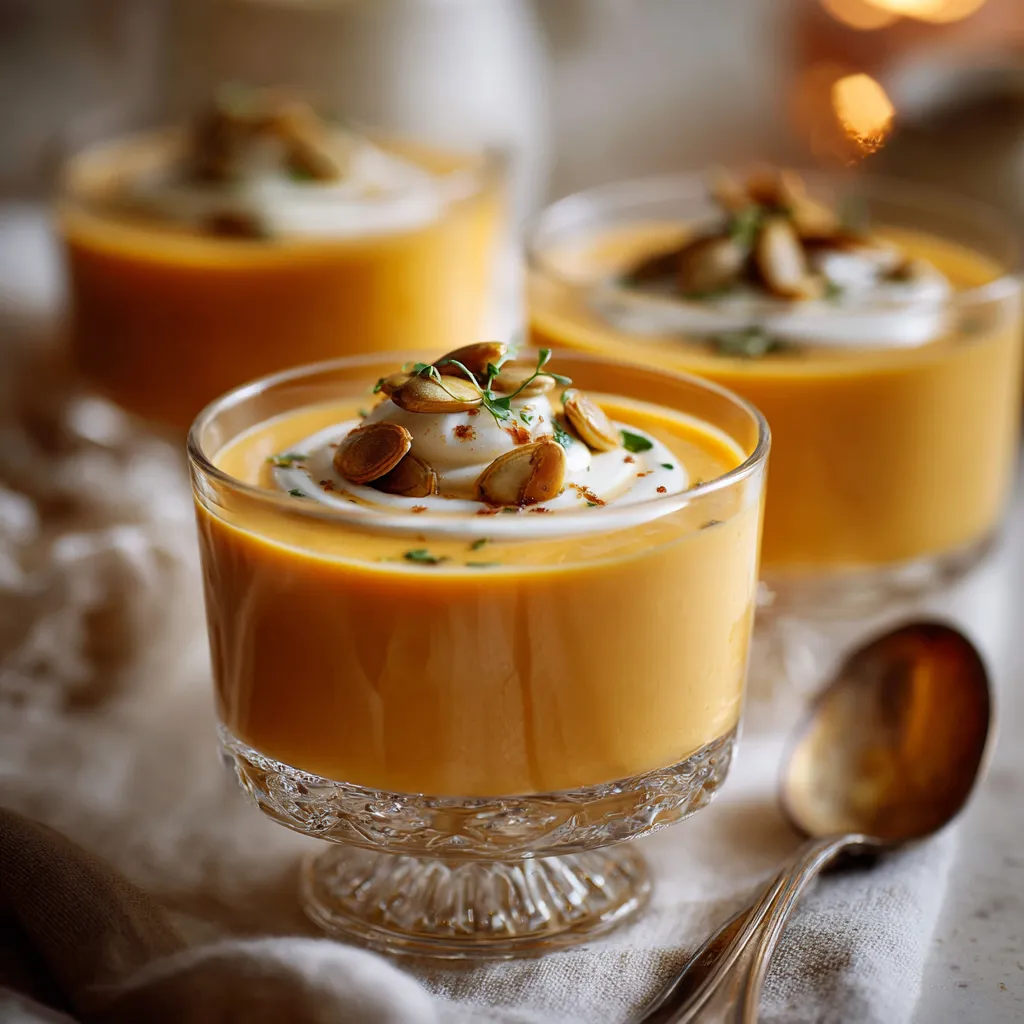 Verrines de velouté de butternut crémeux, garnies de graines de courge.
