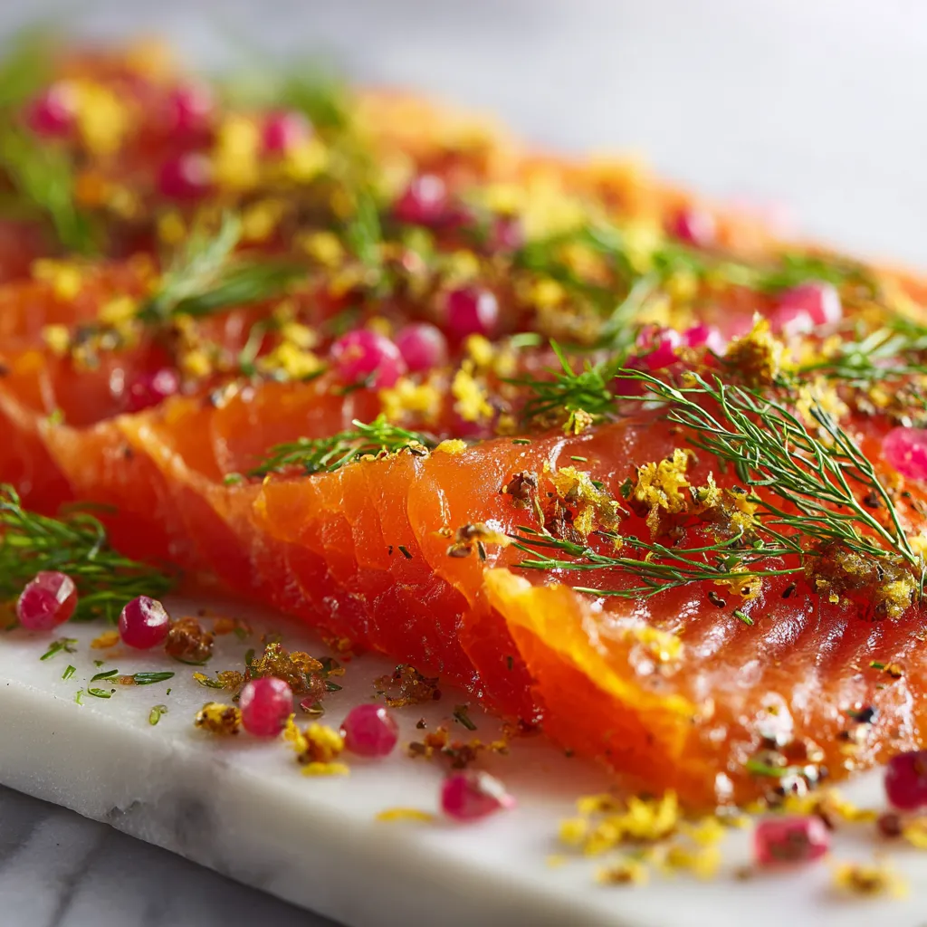 Le Secret d'un Saumon Gravlax Maison Parfait 3 Gros plan d’un saumon gravlax maison, mariné au sel, sucre et aneth, tranché finement et décoré de zestes de citron.