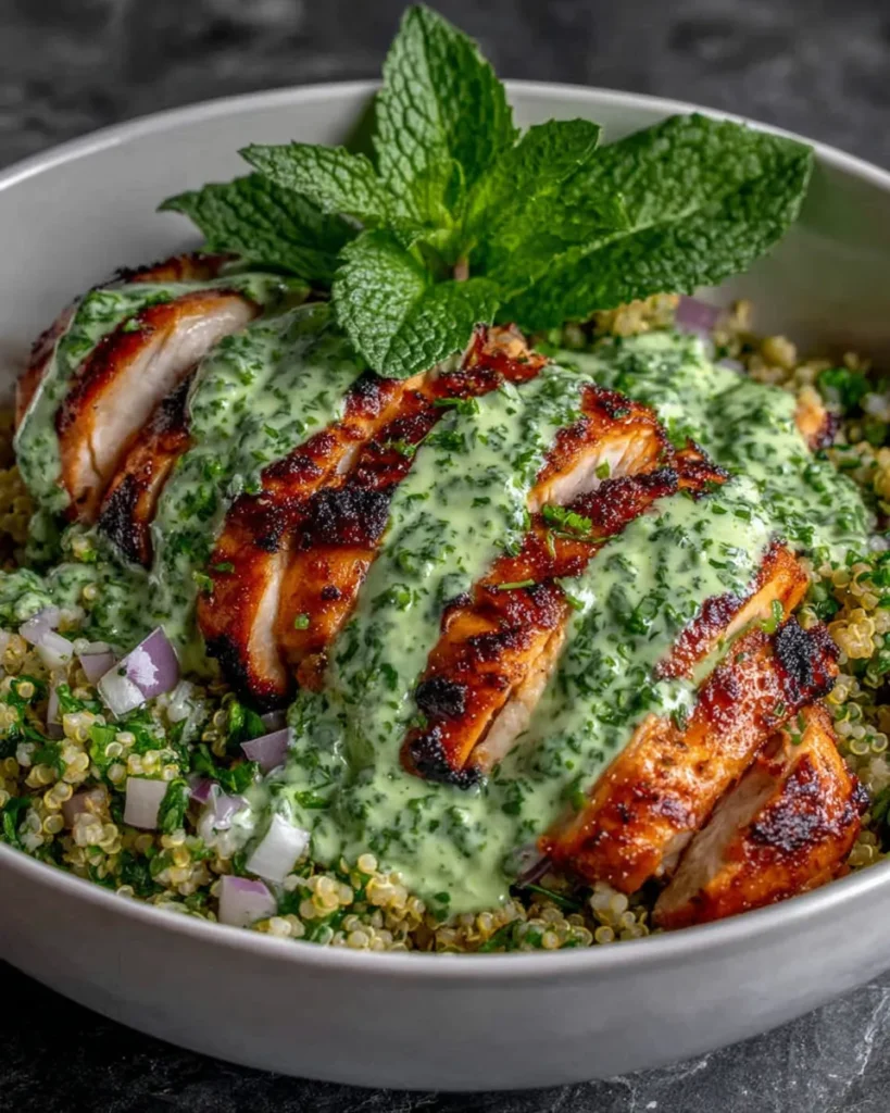 Bowl Poulet Chimichurri Ail: Un plat généreux de poulet doré, nappé d'une sauce onctueuse aux champignons, accompagné de riz de chou-fleur et d'herbes fraîches.
